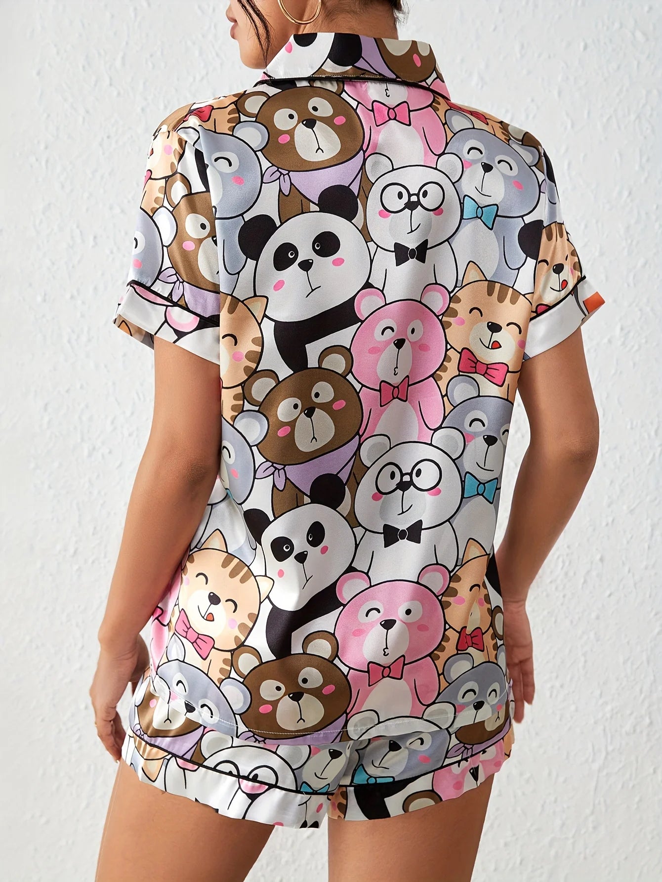 Cute Cartoon Print Satin Pajama Set