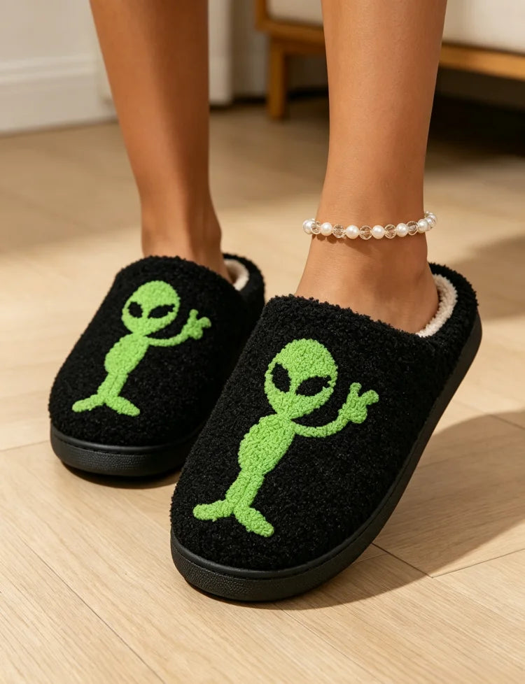 Alien Embroidered Plush Women's Slippers — Cozy Non-Slip Indoor House Shoes