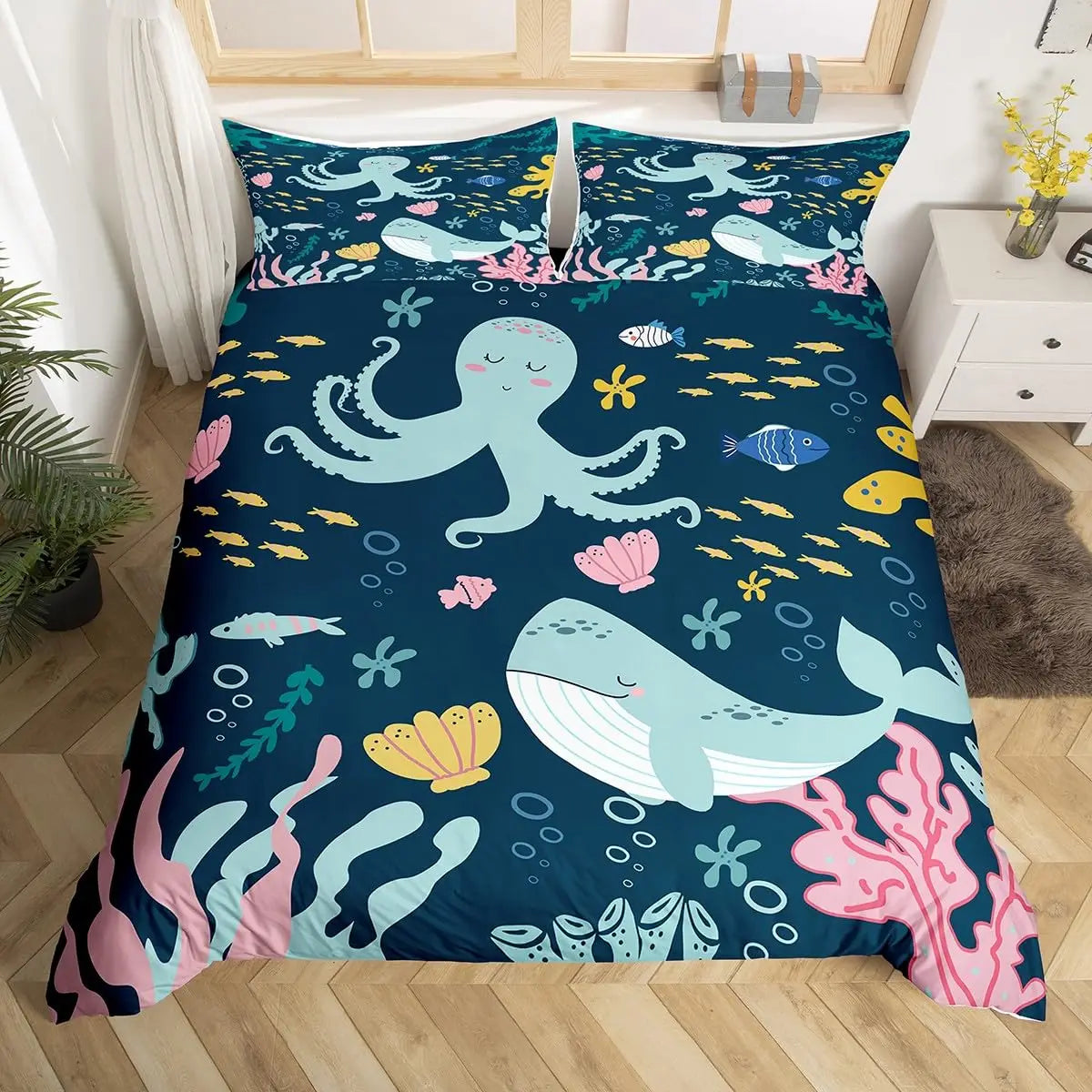 Cute Cartoon Killer Whale Duvet Cover Ocean Orca Bedding Set,Coastal Marine Animal Duvet set
