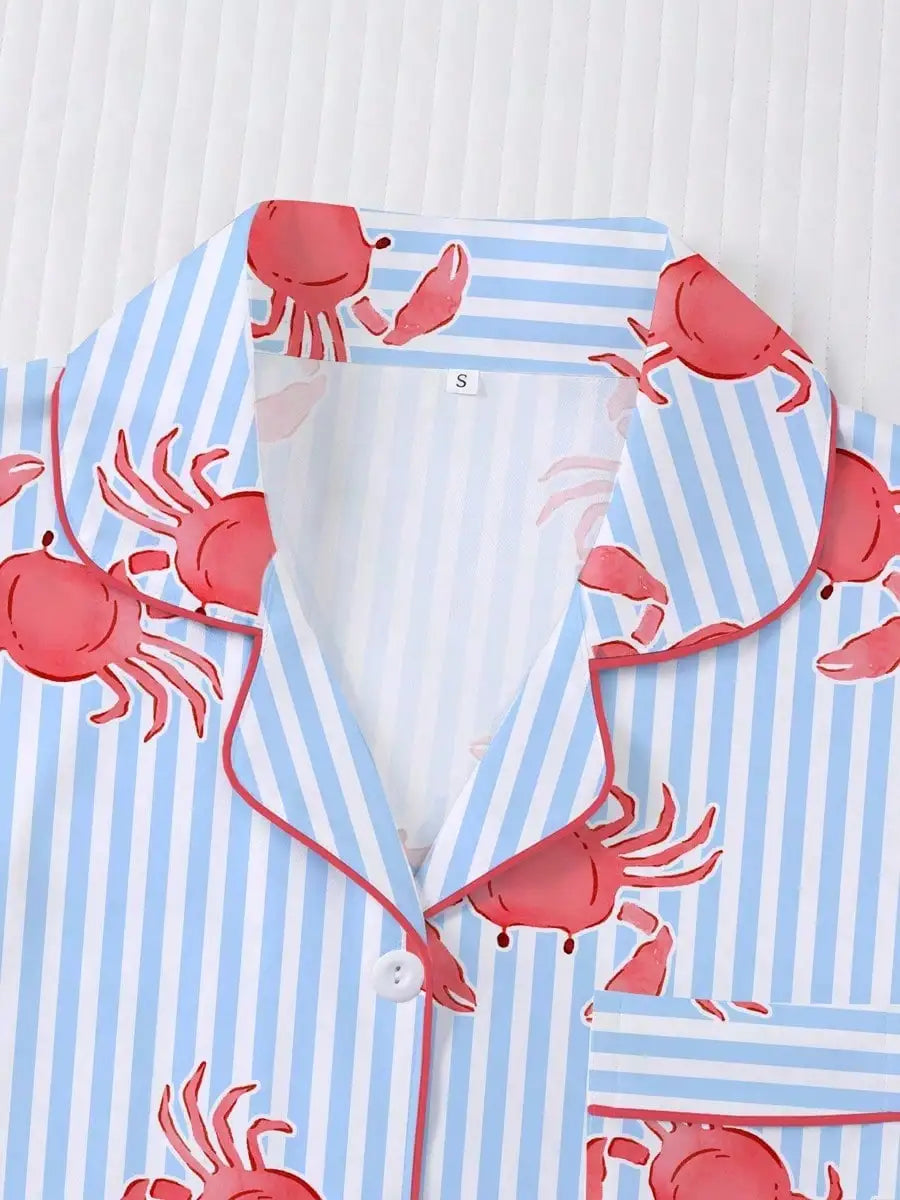Fun crab print women's matching pajamas with pocket short sleeves and loose shorts, breathable and comfortable, cute pajamas