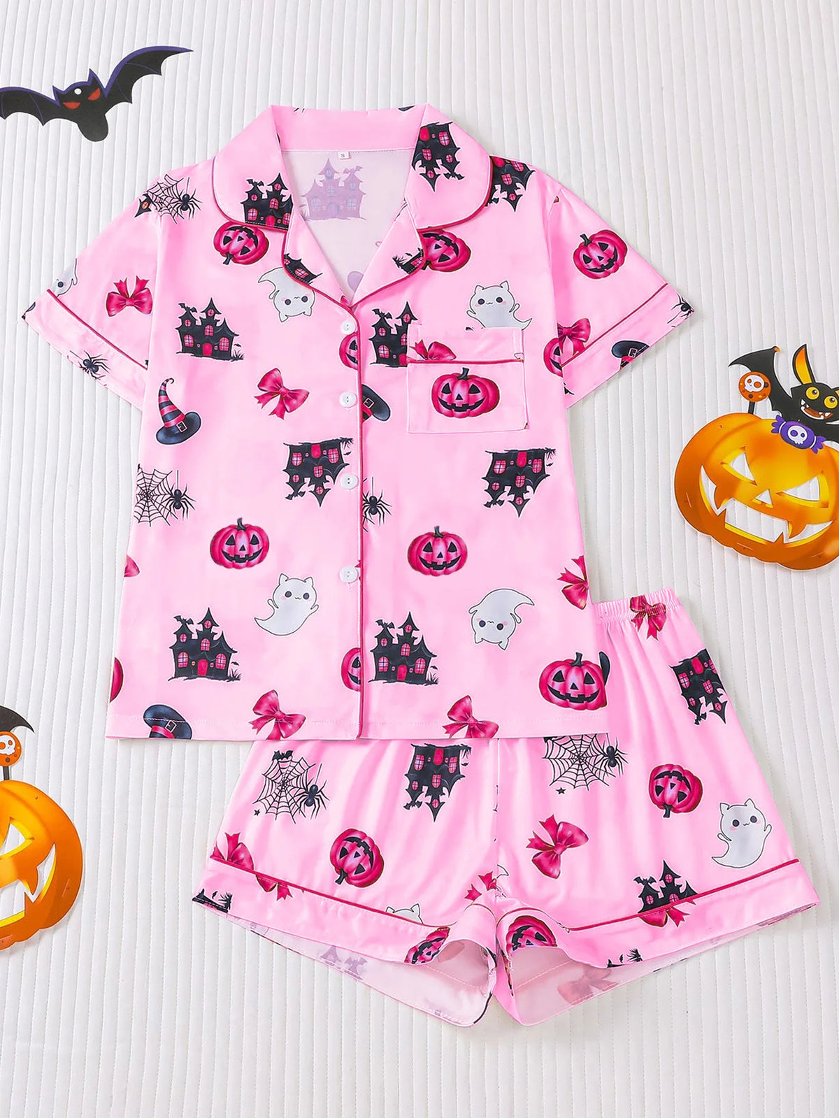 Halloween Ghost & Pumpkin Women's Pajama Set — Short Sleeve Top & Shorts
