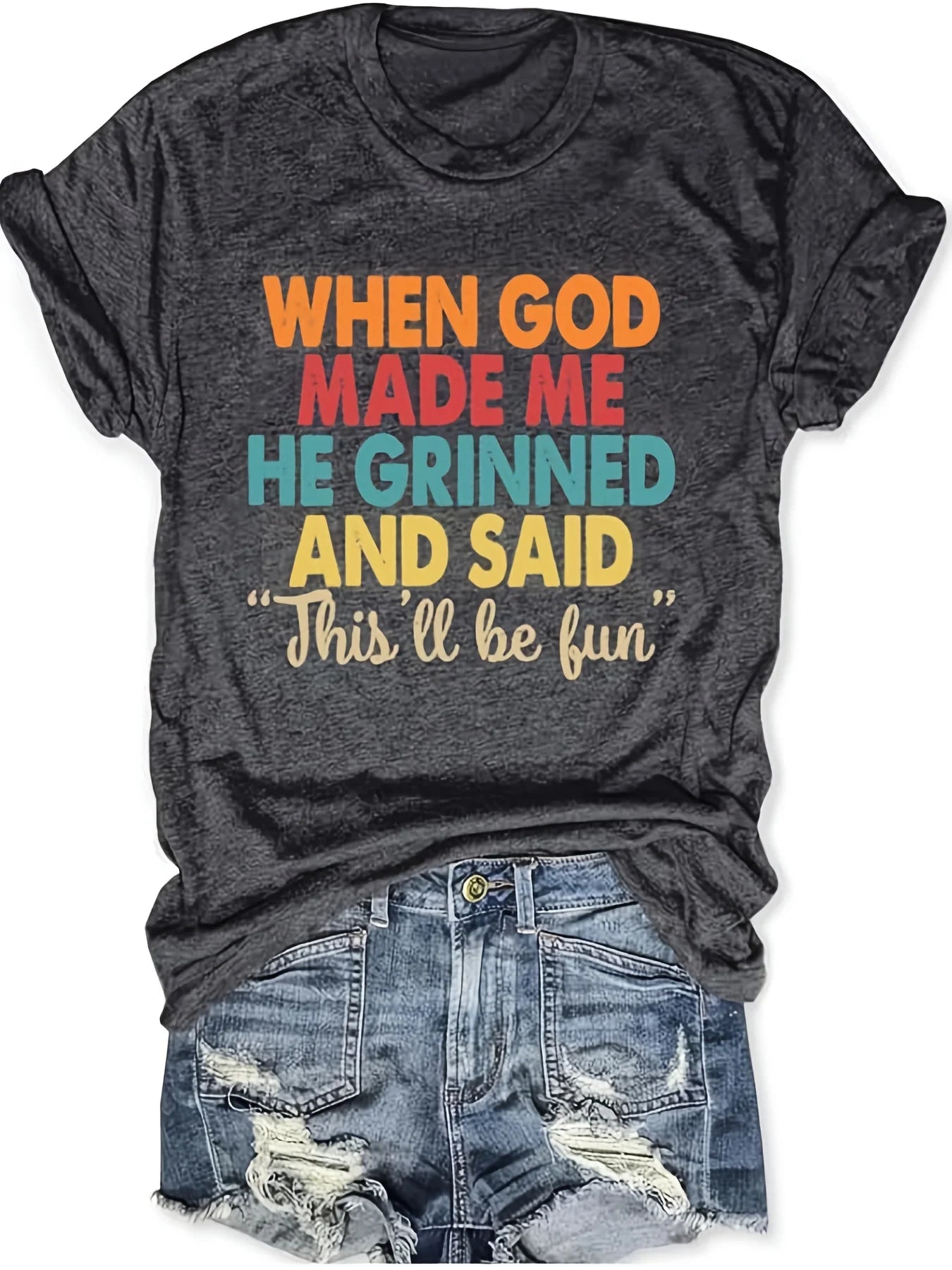 When God Made Me He Grinned Women's Tee, Funny Religious Quote Beige Top