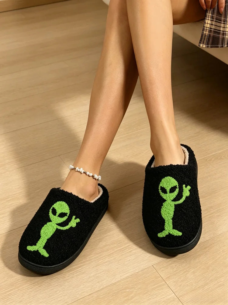 Alien Embroidered Plush Women's Slippers — Cozy Non-Slip Indoor House Shoes