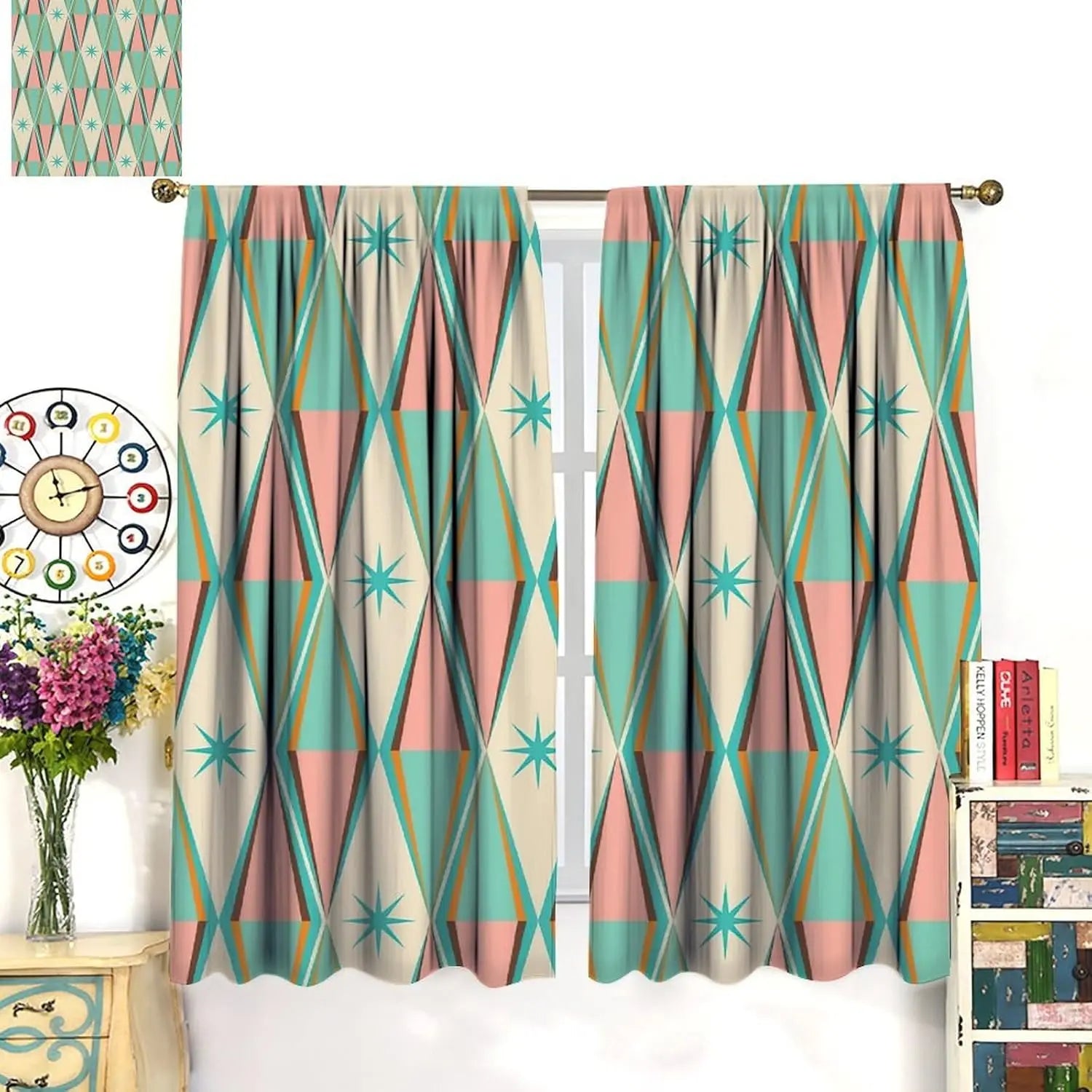 Abstract Geometric Print Curtains Pair Teal Pink Beige Modern Drapes Window Panels Living Room Home Decor Accent Design