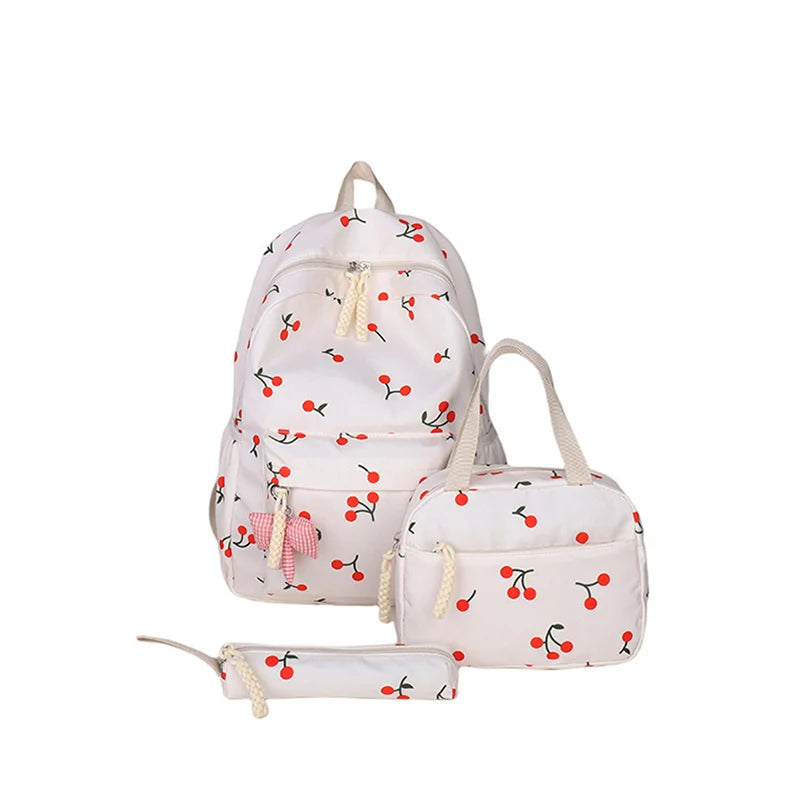 Three-Piece All-Match  Bag Large Capacity Laptop Backpack Cherry Printed Kawaii Nylon Backpack  Outdoor Backpack