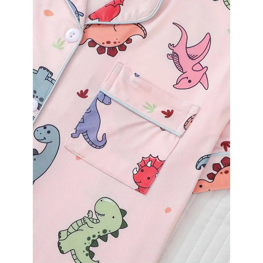 Dinosaur Themed Pajamas Pink with Animal Print Lapel Short Sleeve Shorts Loungewear Home Wear Set Clothes Gifts for Women