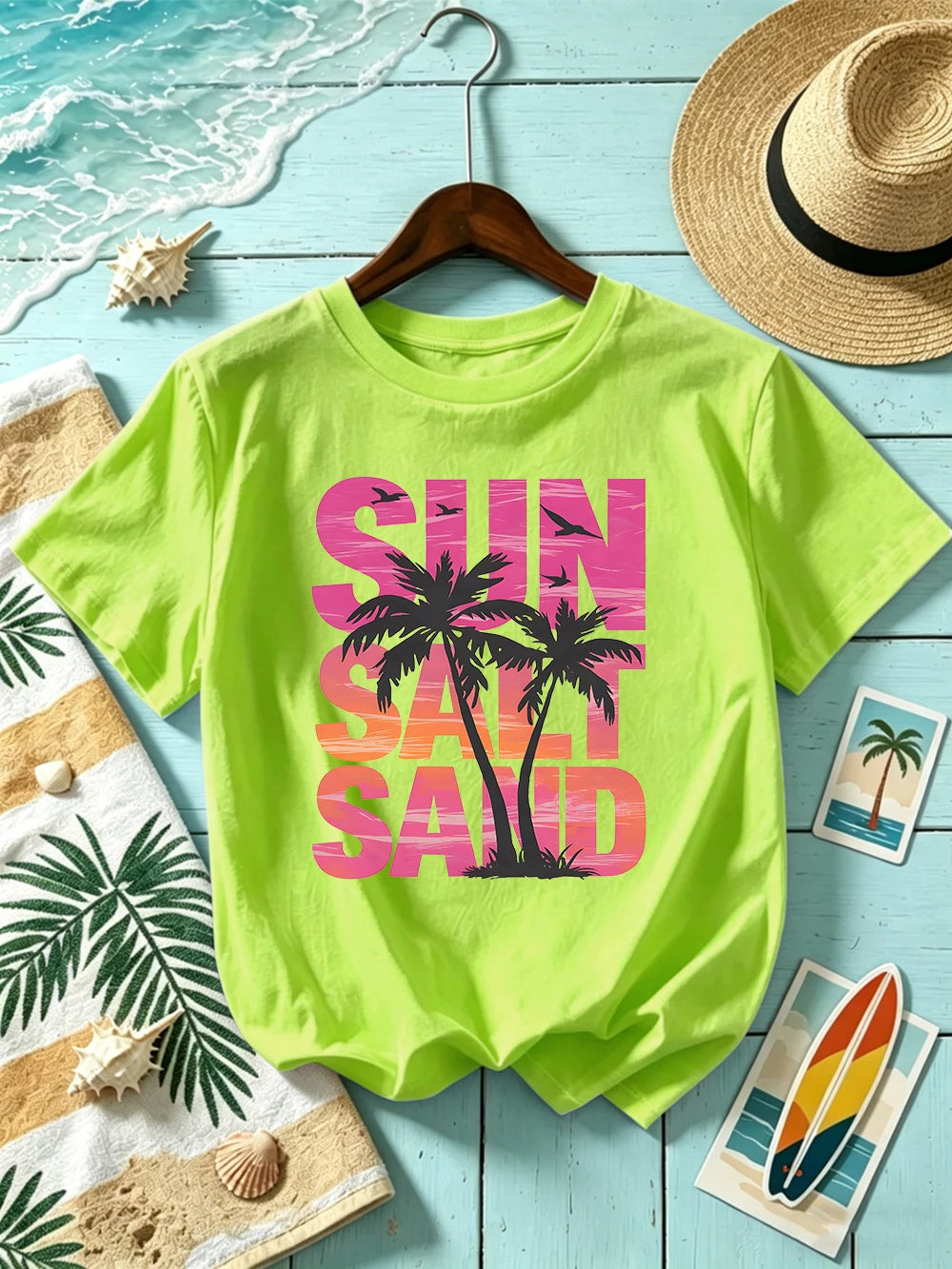 Sun Salt Sand Coconut Tree 
Prints T-Shirts Womens Cotton Summer Short Sleeve T Shirt O-Neck Oversized Tops Basic Soft Clothes