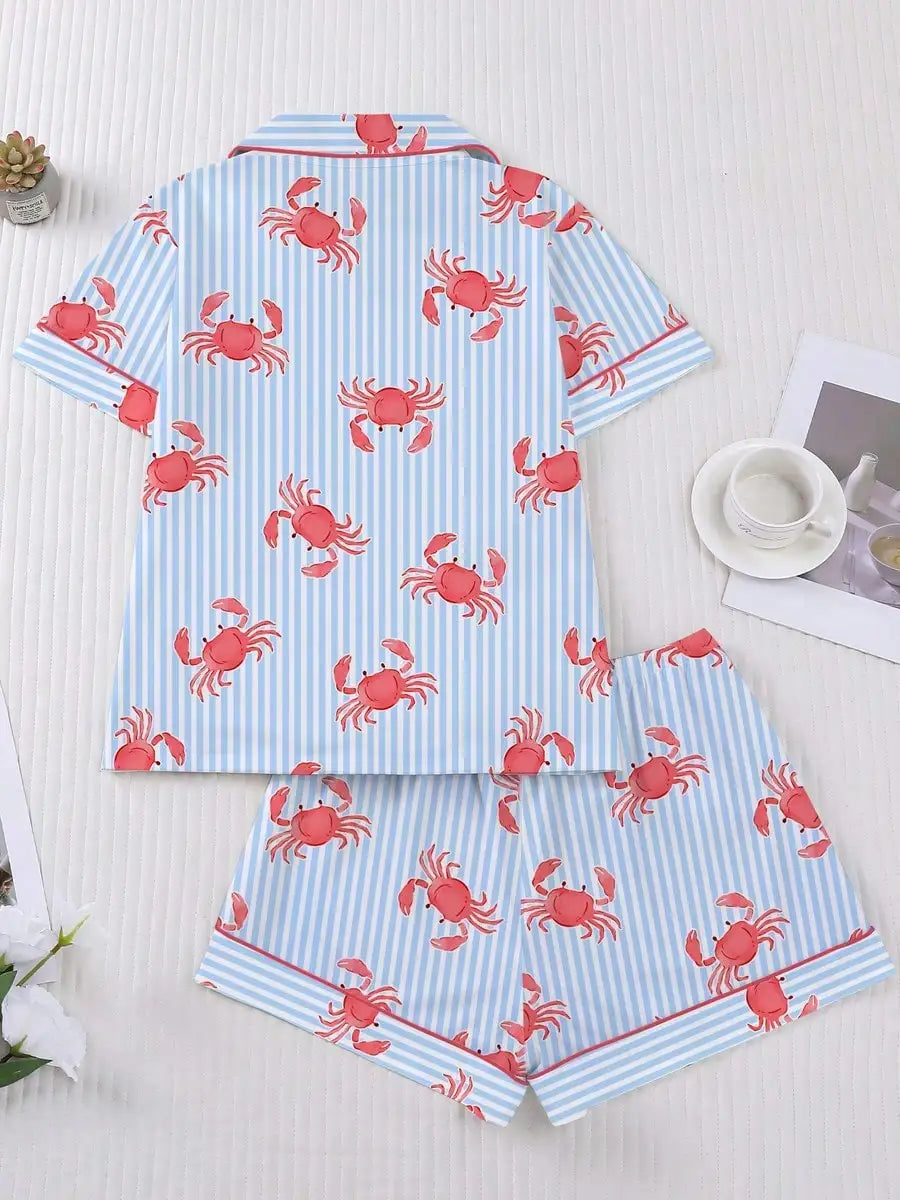Fun crab print women's matching pajamas with pocket short sleeves and loose shorts, breathable and comfortable, cute pajamas