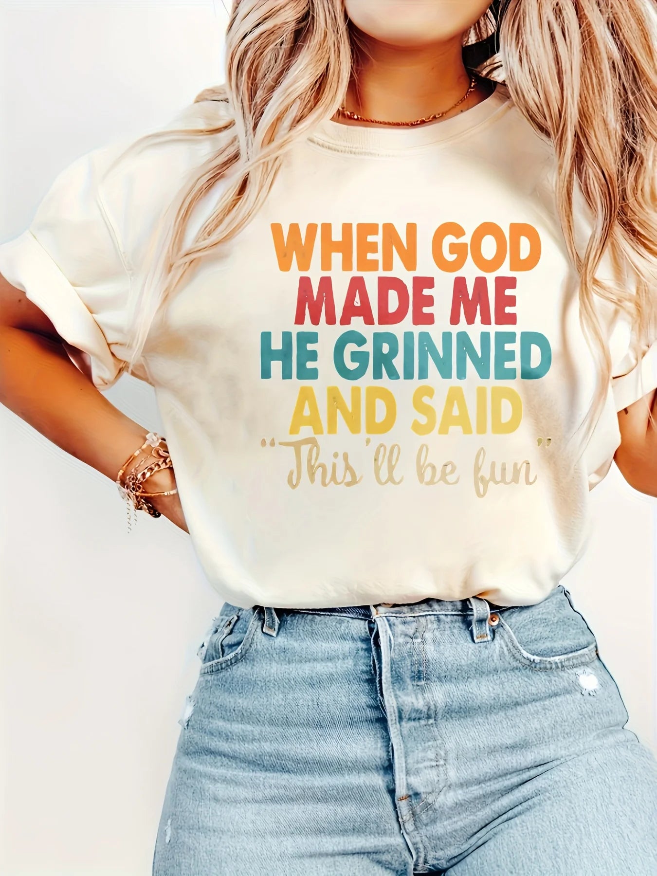 When God Made Me He Grinned Women's Tee, Funny Religious Quote Beige Top
