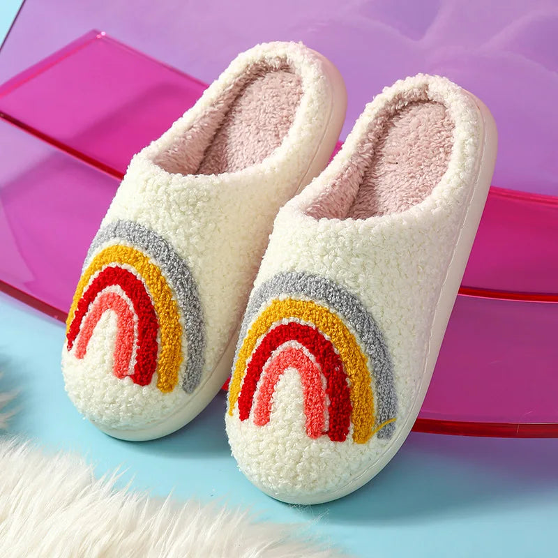 Rainbow & Mushroom Plush Women's Slippers — Cozy Furry Indoor House Shoes
