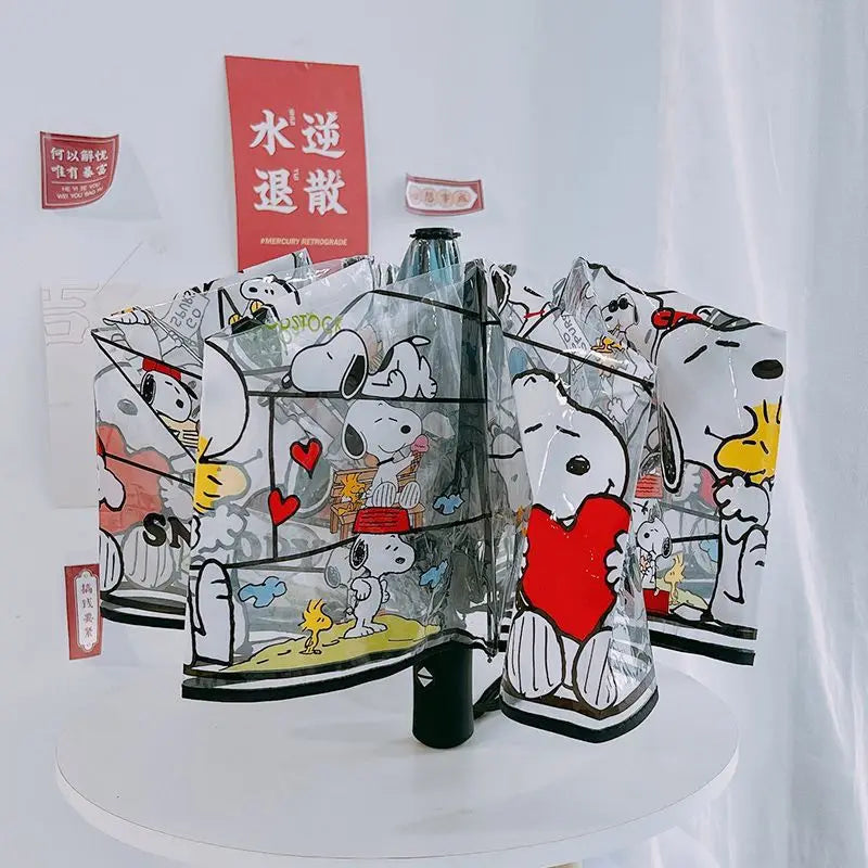 Snoopy Woodstock cartoon creative automatic umbrella two-dimensional animation peripheral transparent 3 folding umbrella gift