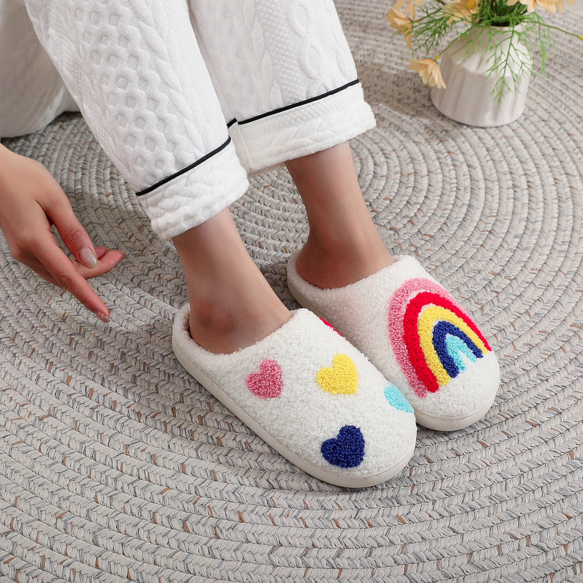Women's Rainbow Heart Embroidered Plush Slippers — Soft Furry Indoor House Shoes
