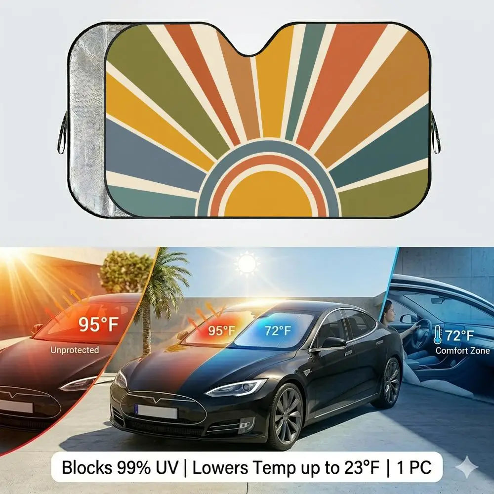 Retro Sunrise Sun Visor Reusable Double-Sided Windshield Sun Visor UV Block Portable Heat Shield Cover