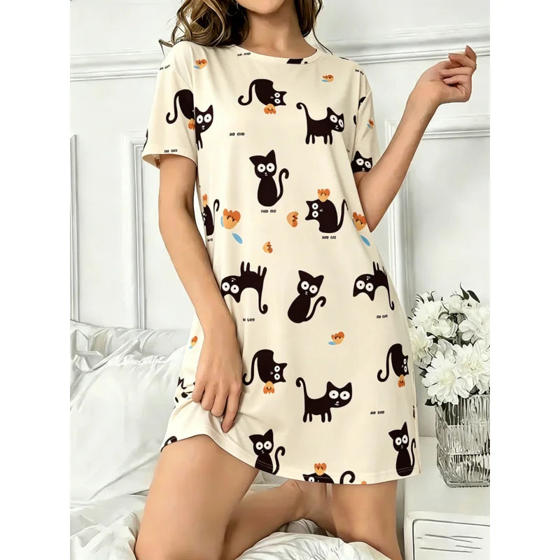 Black Cat Print Women's Nightgown — Short Sleeve Sleep Shirt Dress