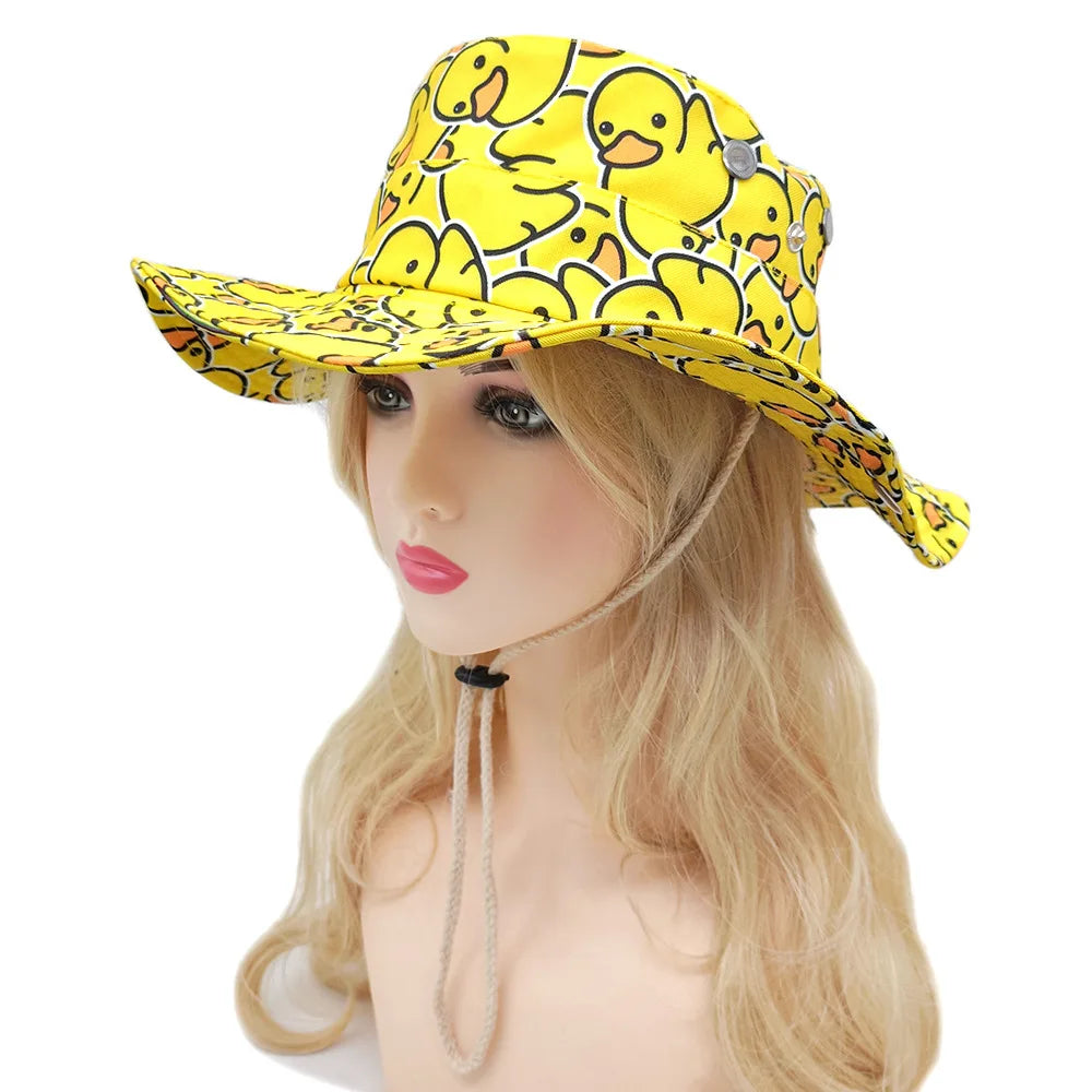 Cute Yellow Duck Cartoon Bucket Hat for Men Women - Summer UV Protection Fishing Cap with Adjustable Chin Strap, Retro 80s 90s S