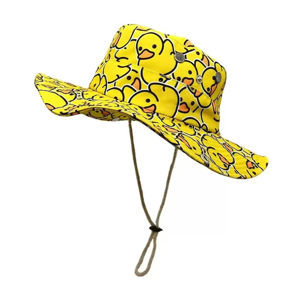 Cute Yellow Duck Cartoon Bucket Hat for Men Women - Summer UV Protection Fishing Cap with Adjustable Chin Strap, Retro 80s 90s S