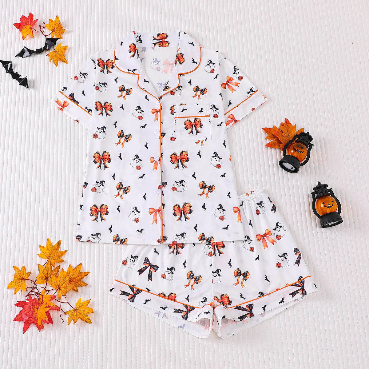 Halloween Ghost & Pumpkin Women's Pajama Set — Short Sleeve Top & Shorts