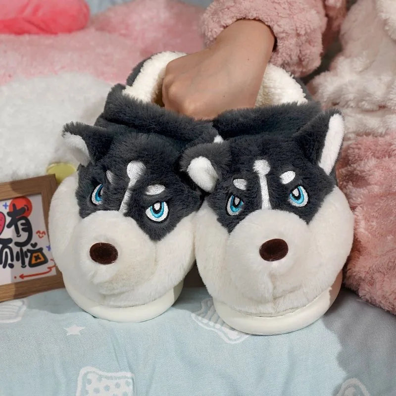3D Husky Dog Plush Women's Slippers — Cozy Anti-Slip Indoor House Shoes