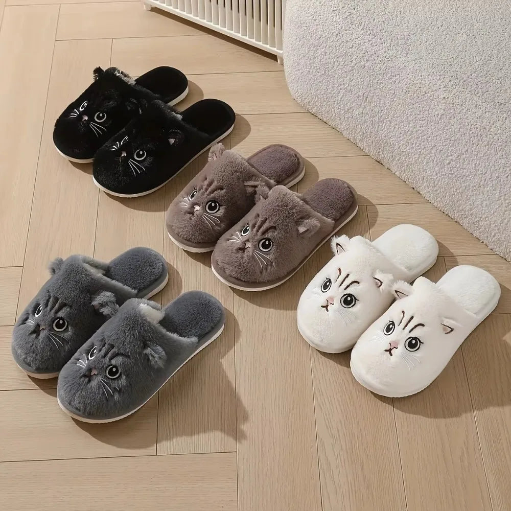Cute Plush Cat Slippers Winter Warm Cozy Indoor House Shoes Soft EVA Sole Non-Slip Design