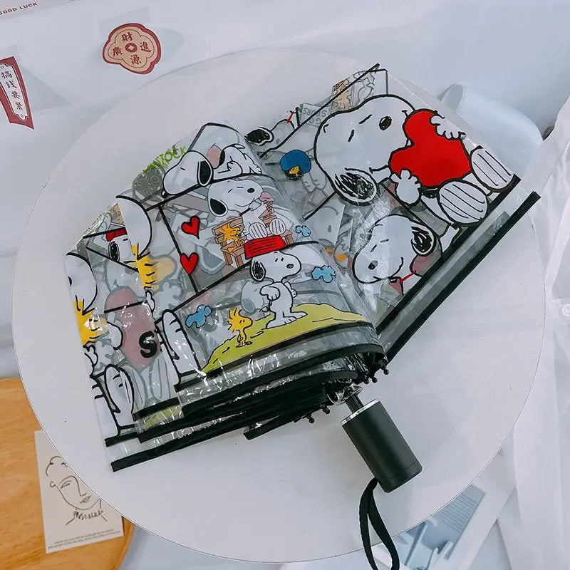 Snoopy Woodstock cartoon creative automatic umbrella two-dimensional animation peripheral transparent 3 folding umbrella gift