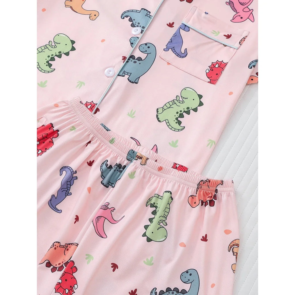 Dinosaur Themed Pajamas Pink with Animal Print Lapel Short Sleeve Shorts Loungewear Home Wear Set Clothes Gifts for Women