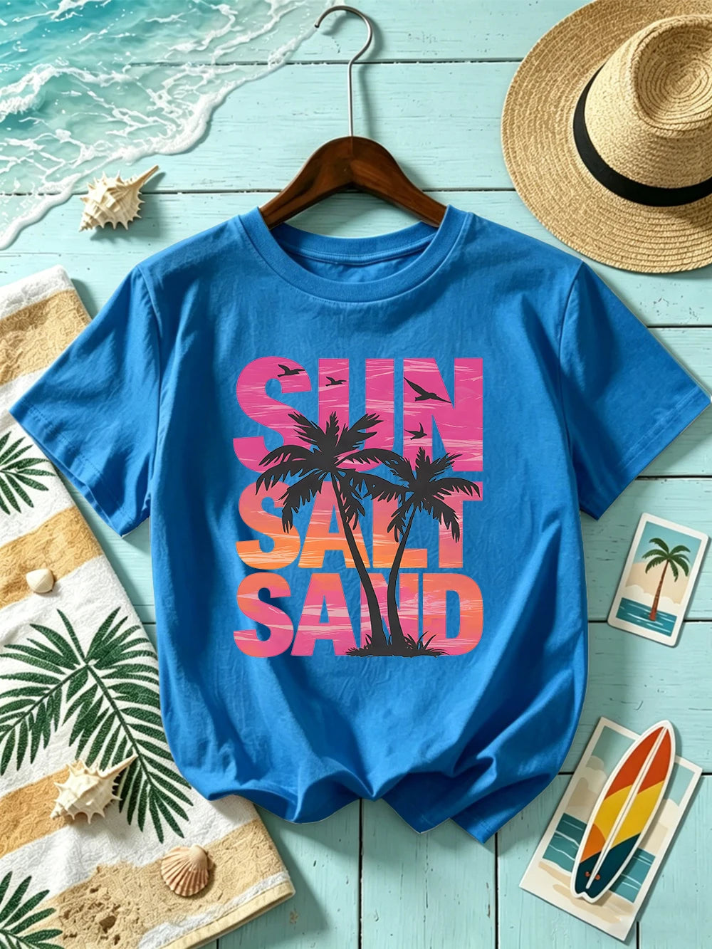 Sun Salt Sand Coconut Tree 
Prints T-Shirts Womens Cotton Summer Short Sleeve T Shirt O-Neck Oversized Tops Basic Soft Clothes