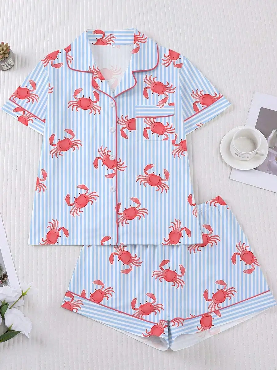 Fun crab print women's matching pajamas with pocket short sleeves and loose shorts, breathable and comfortable, cute pajamas