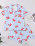 Fun crab print women's matching pajamas with pocket short sleeves and loose shorts, breathable and comfortable, cute pajamas