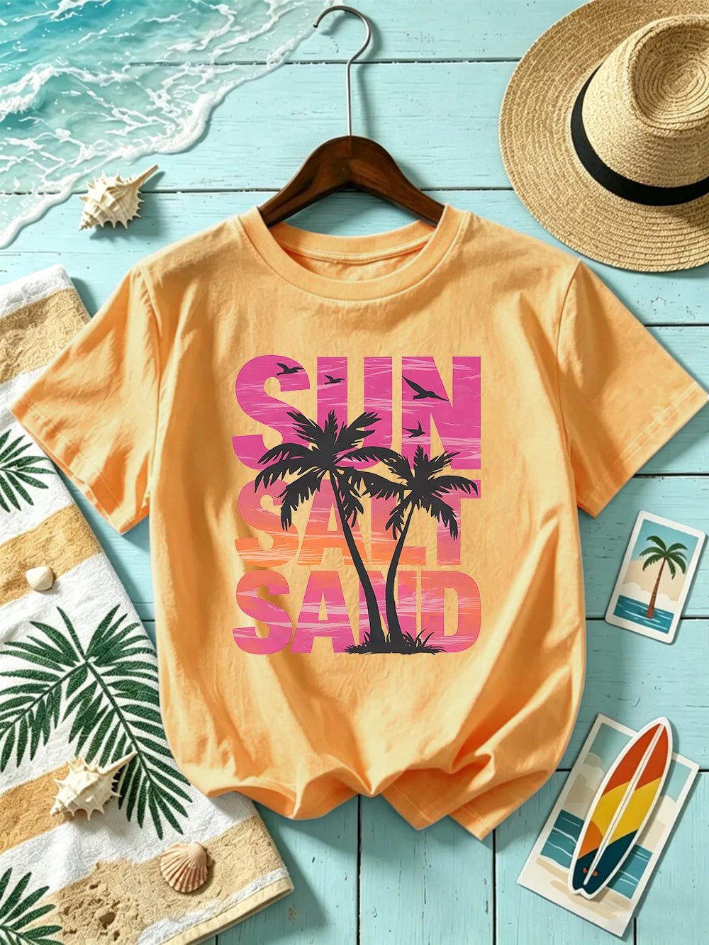 Sun Salt Sand Coconut Tree 
Prints T-Shirts Womens Cotton Summer Short Sleeve T Shirt O-Neck Oversized Tops Basic Soft Clothes