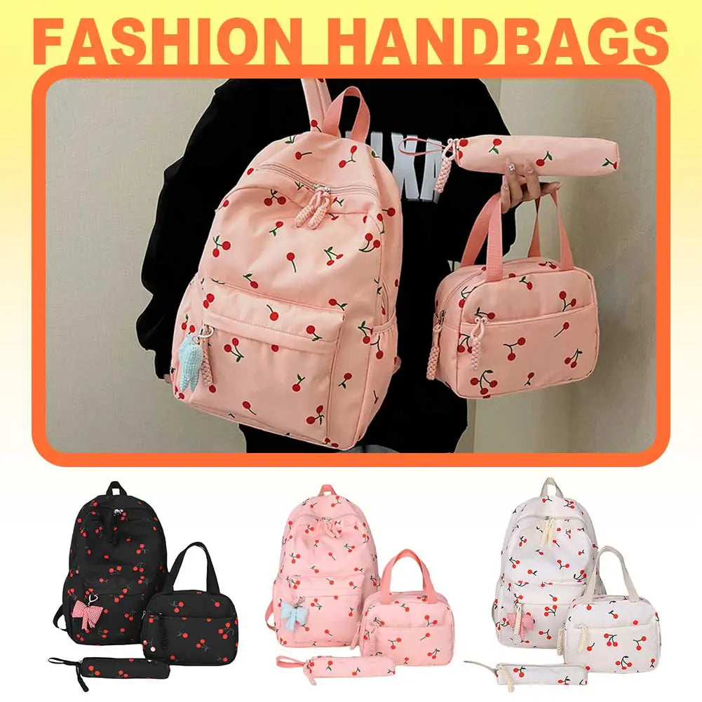 Three-Piece All-Match  Bag Large Capacity Laptop Backpack Cherry Printed Kawaii Nylon Backpack  Outdoor Backpack