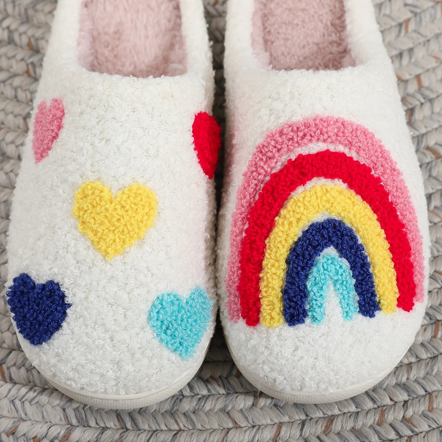 Women's Rainbow Heart Embroidered Plush Slippers — Soft Furry Indoor House Shoes