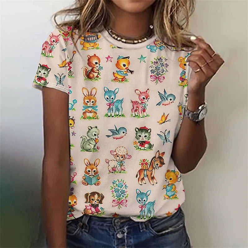 Vintage Pastel Animals Print T Shirts Feamle Casual Fashion Y2k Top Clothes Girls Street Loose Tees Summer Clothes Women 2024