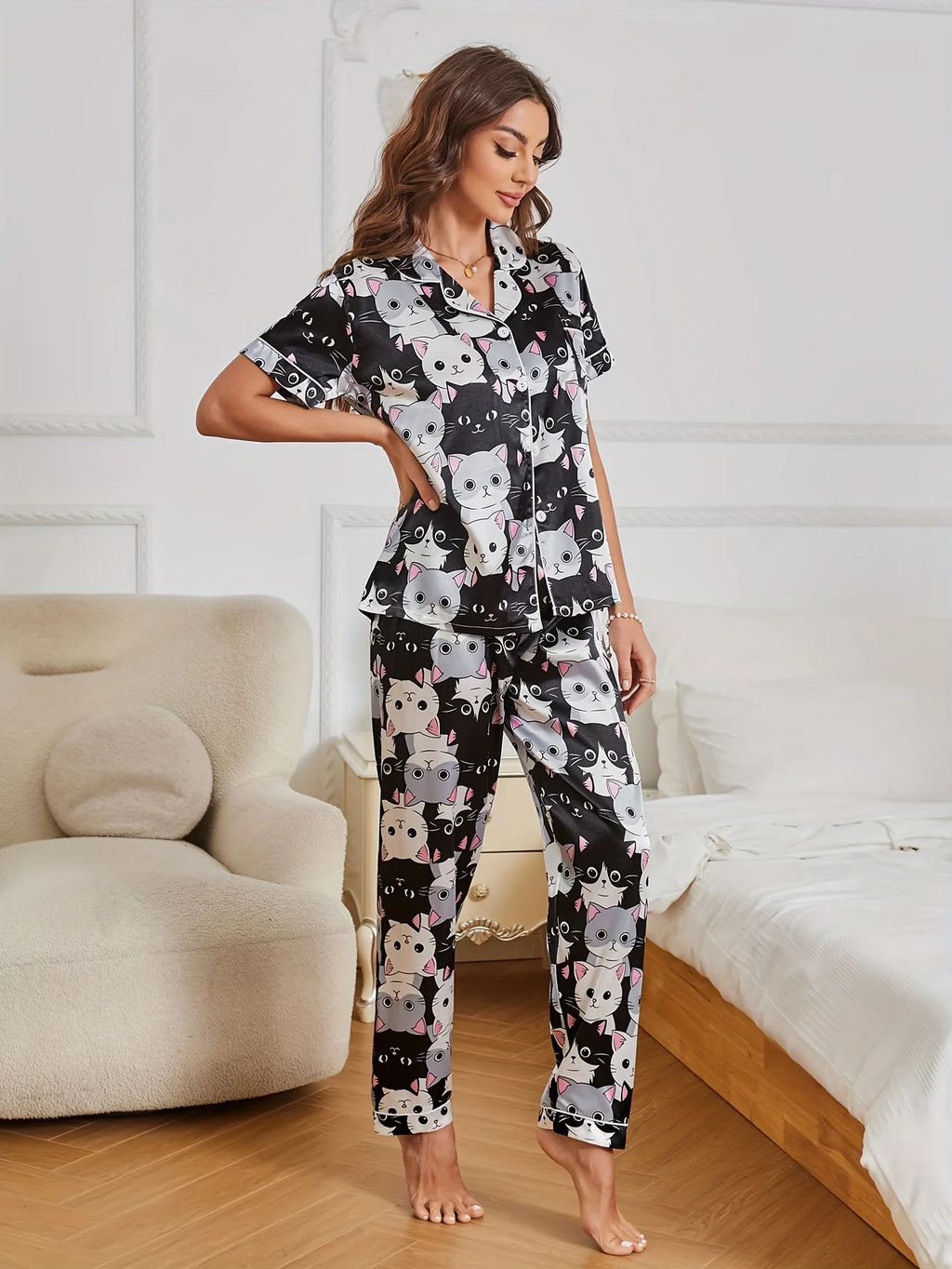 Cartoon Cat Print Pajama Set , because we always need more cats.