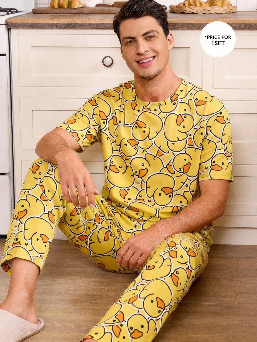 Rubber Duck All-Over Print Men's Pajama Set — Short Sleeve Top & Pants