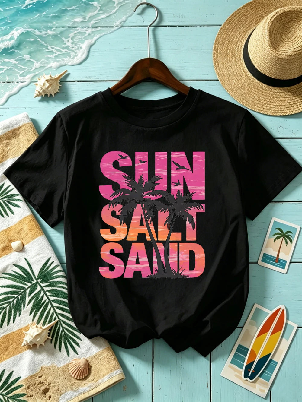 Sun Salt Sand Coconut Tree 
Prints T-Shirts Womens Cotton Summer Short Sleeve T Shirt O-Neck Oversized Tops Basic Soft Clothes