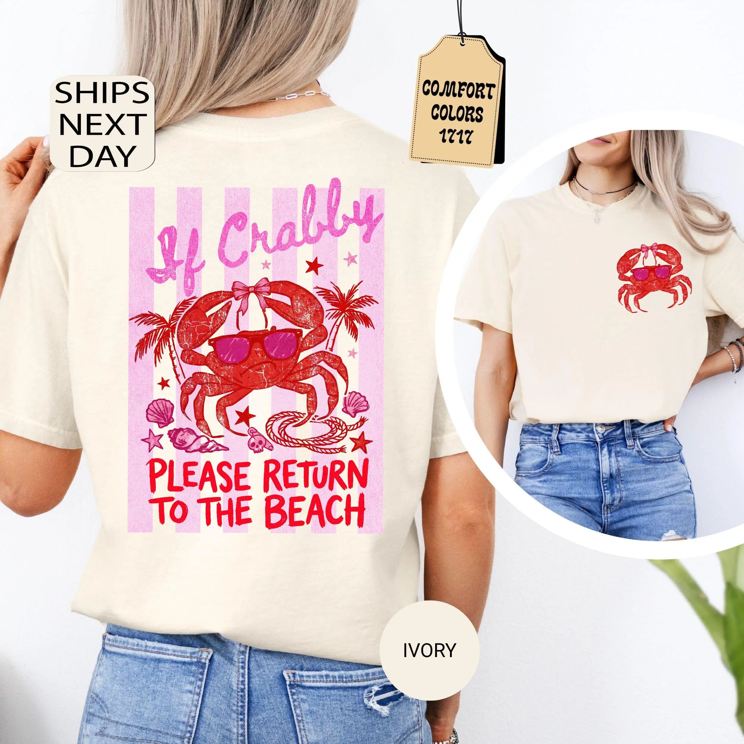 If Crabby Please Return To The Beach T-shirt Funny Crab Beach T Shirt Summer Cotton Short Sleeve Retro T-shirts Woman Clothing