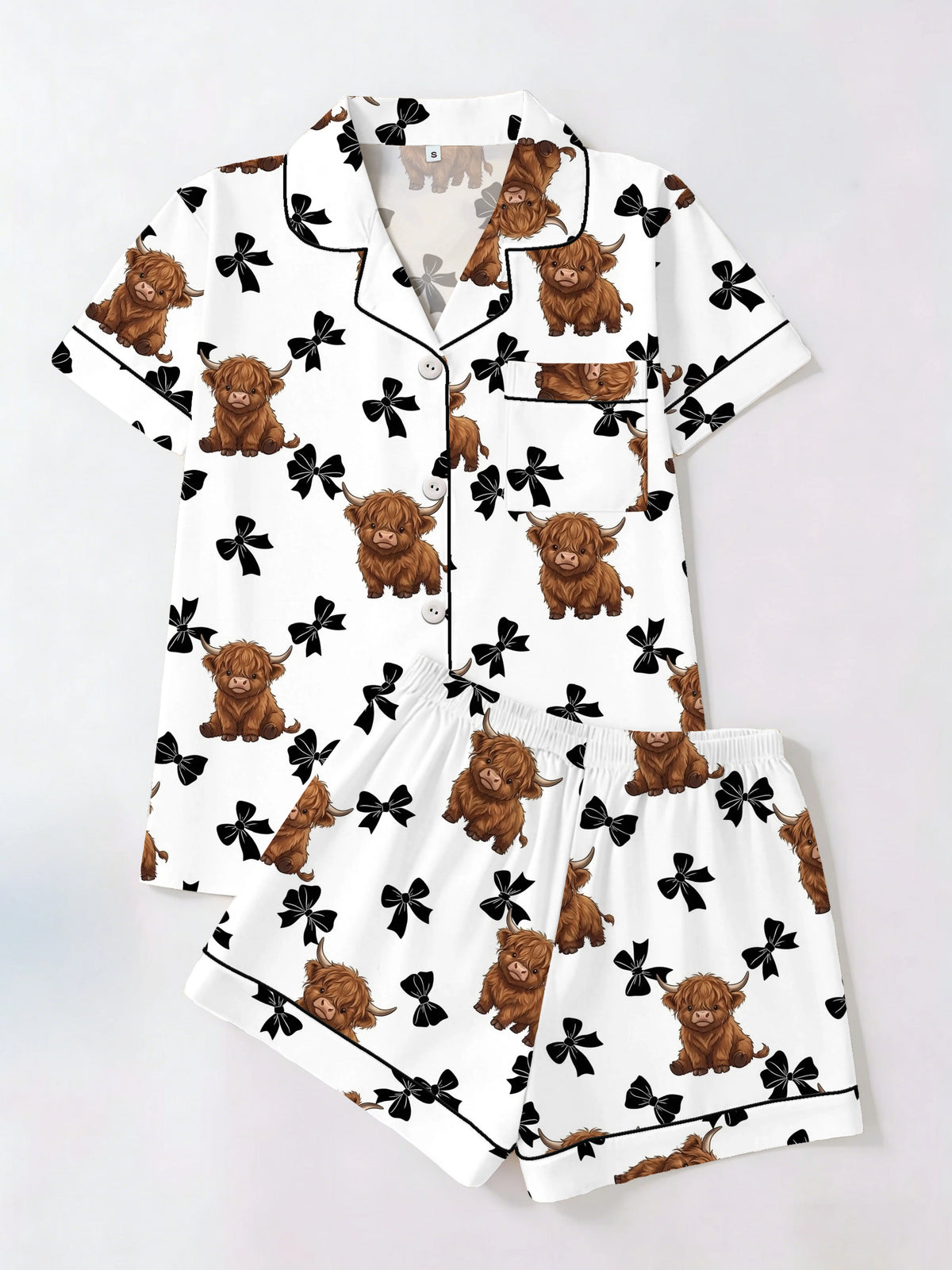 Highland Cow & Black Bow Women's Pajama Set — Short Sleeve Top & Shorts