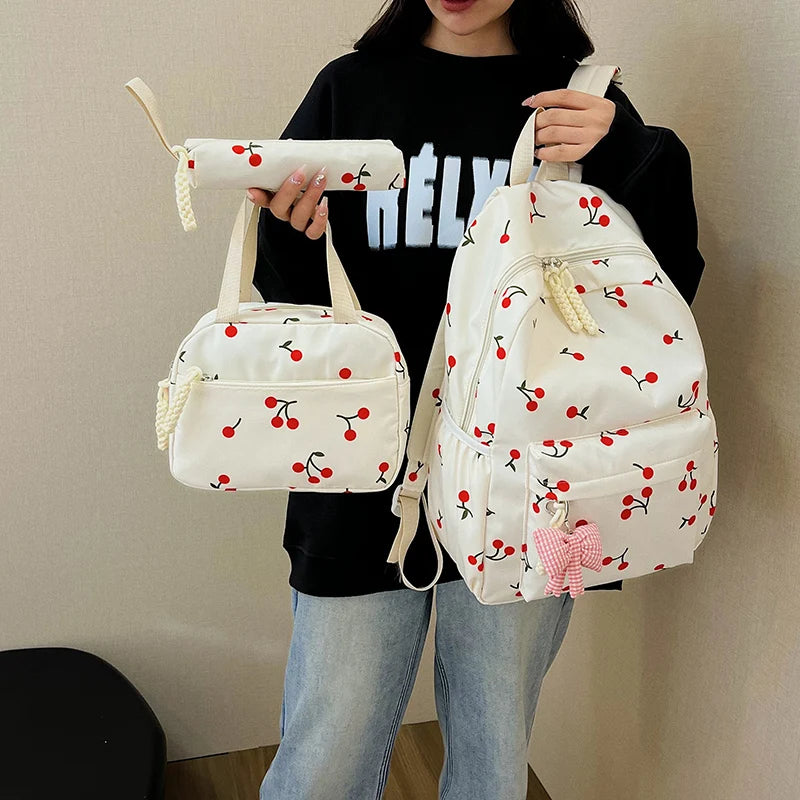Three-Piece All-Match  Bag Large Capacity Laptop Backpack Cherry Printed Kawaii Nylon Backpack  Outdoor Backpack