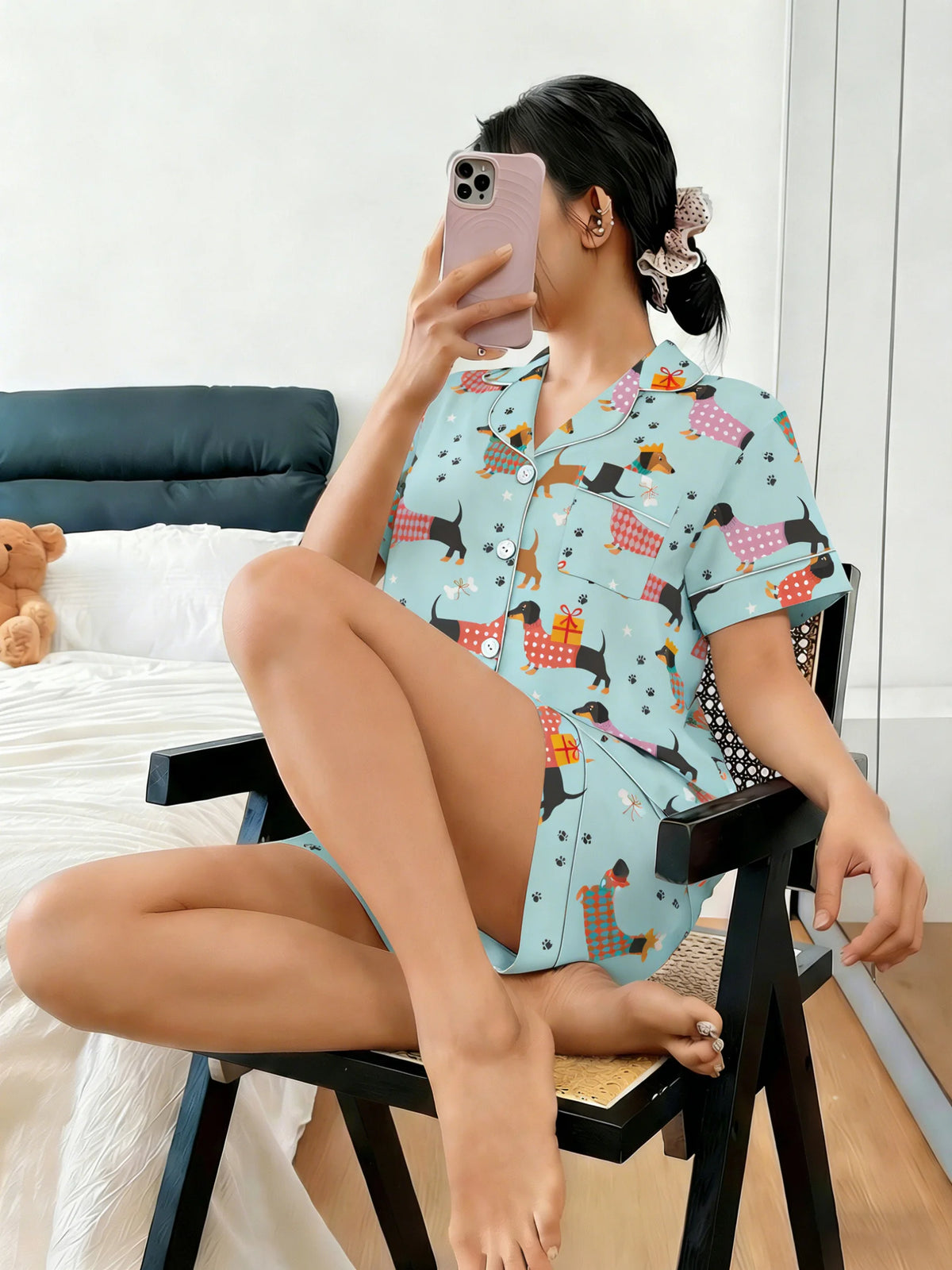 Festive Dachshund Print Women's Pajama Set — Short Sleeve Top & Shorts