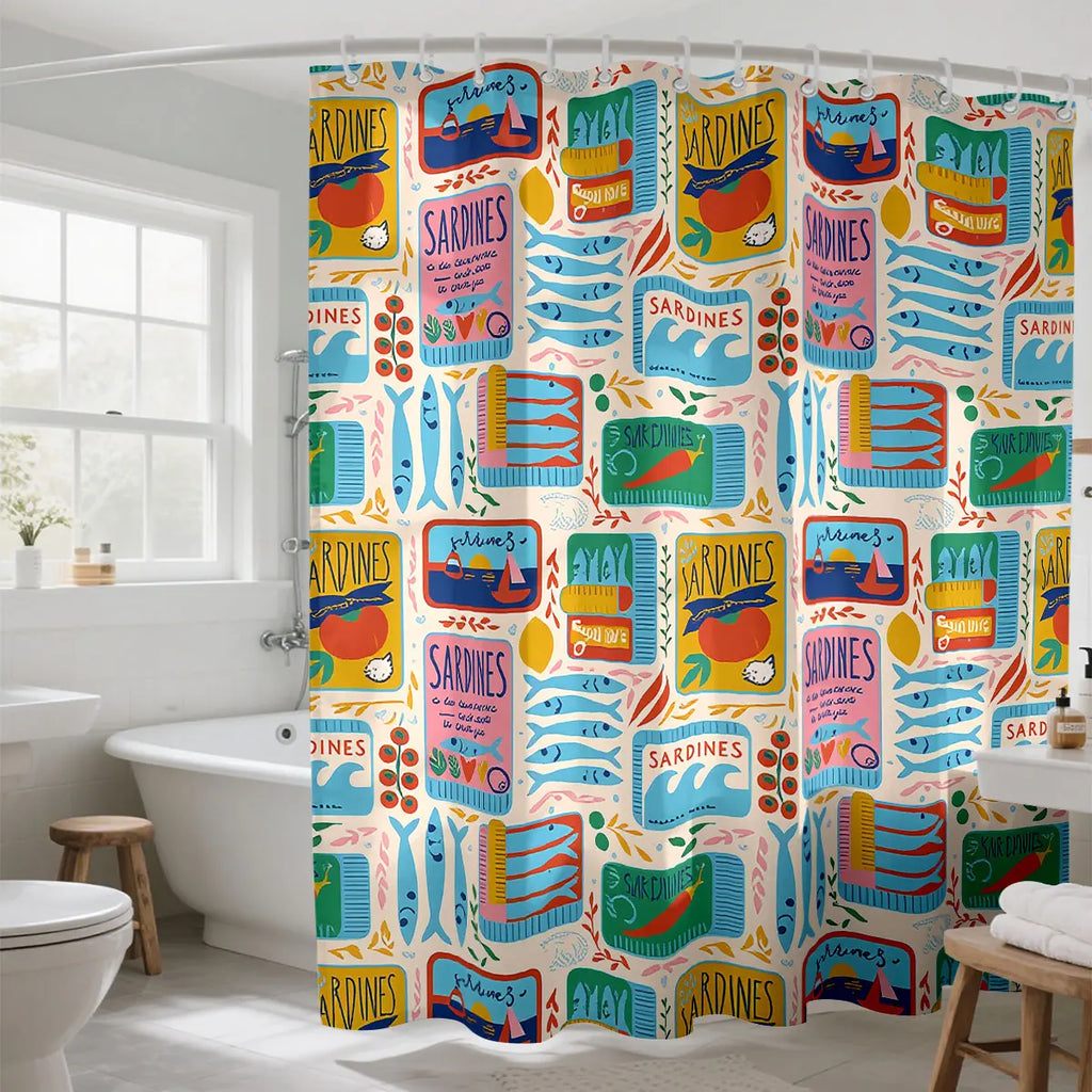 1pc Sardine Print Waterproof Shower Curtain Partition Privacy Hanging Curtain, 12 Hooks, Multiple Sizes