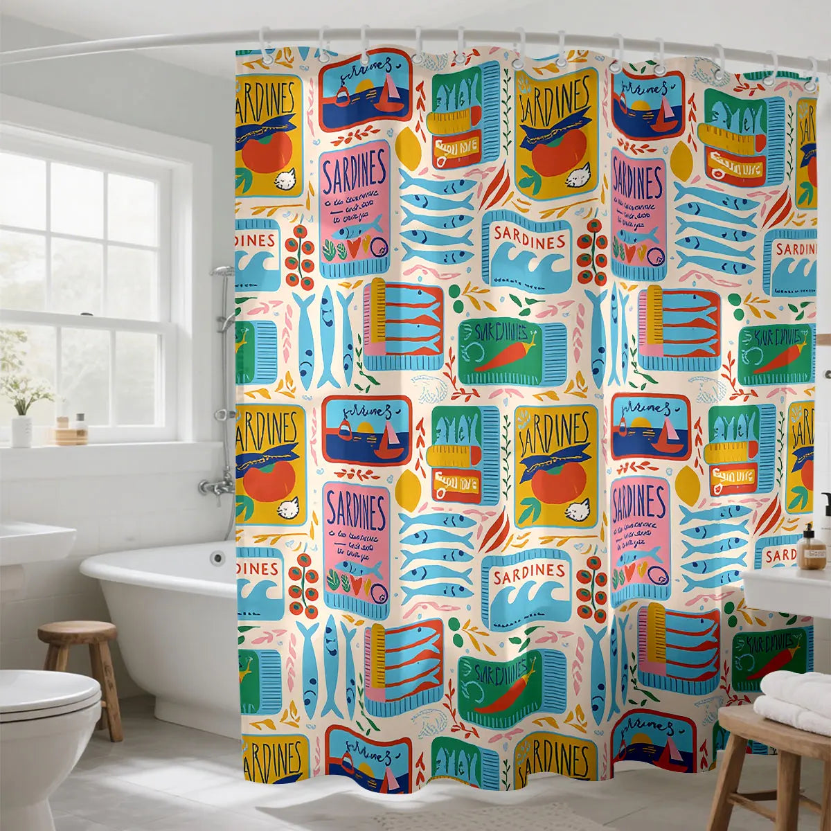 1pc Sardine Print Waterproof Shower Curtain Partition Privacy Hanging Curtain, 12 Hooks, Multiple Sizes