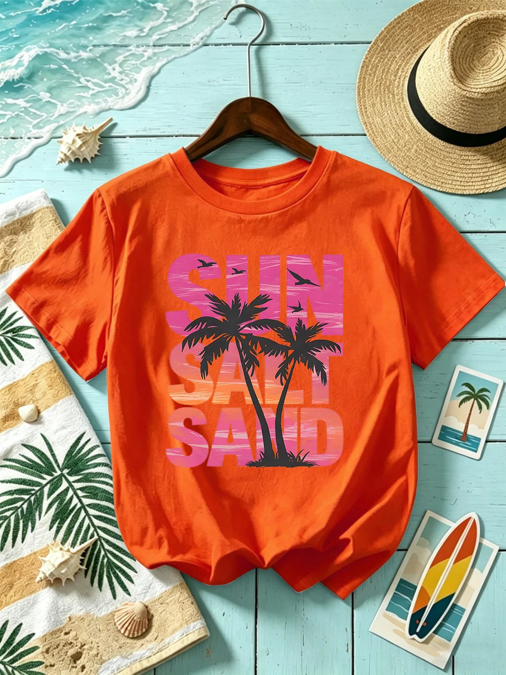 Sun Salt Sand Coconut Tree 
Prints T-Shirts Womens Cotton Summer Short Sleeve T Shirt O-Neck Oversized Tops Basic Soft Clothes