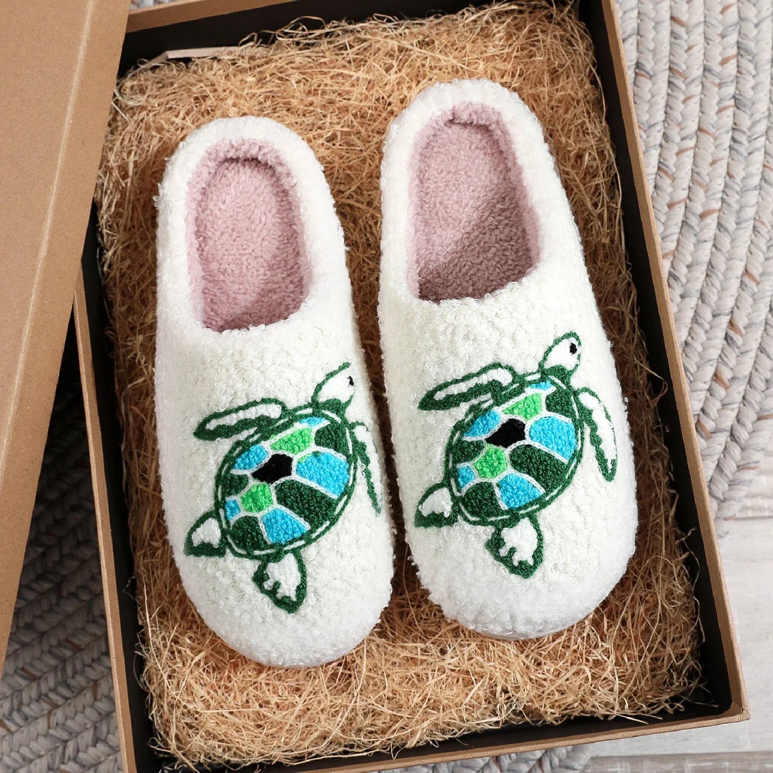 Sea Turtle Embroidered Plush Slippers — Cozy Coastal Indoor House Shoes
