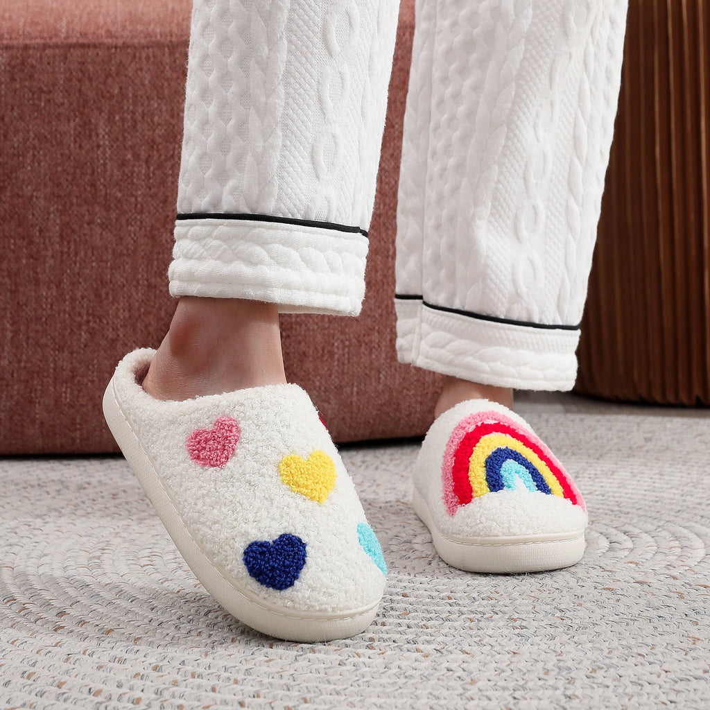 Women's Rainbow Heart Embroidered Plush Slippers — Soft Furry Indoor House Shoes