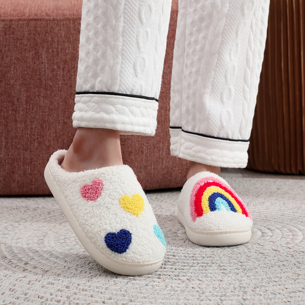Women's Rainbow Heart Embroidered Plush Slippers — Soft Furry Indoor House Shoes