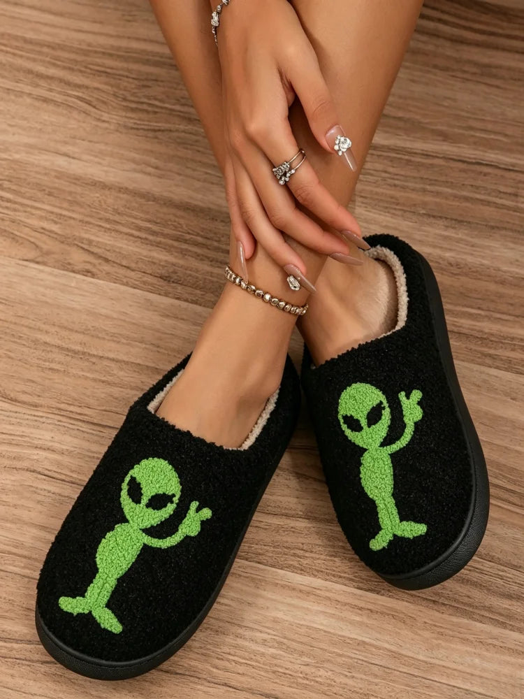 Alien Embroidered Plush Women's Slippers — Cozy Non-Slip Indoor House Shoes