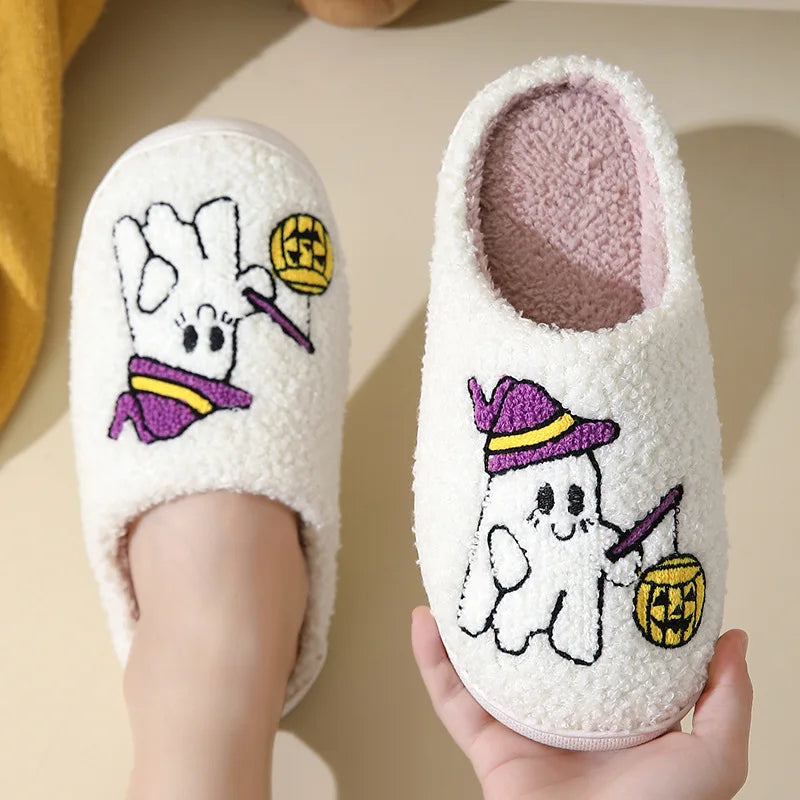 Halloween Ghost Witch Plush Slippers — Cozy Embroidered Indoor House Shoes