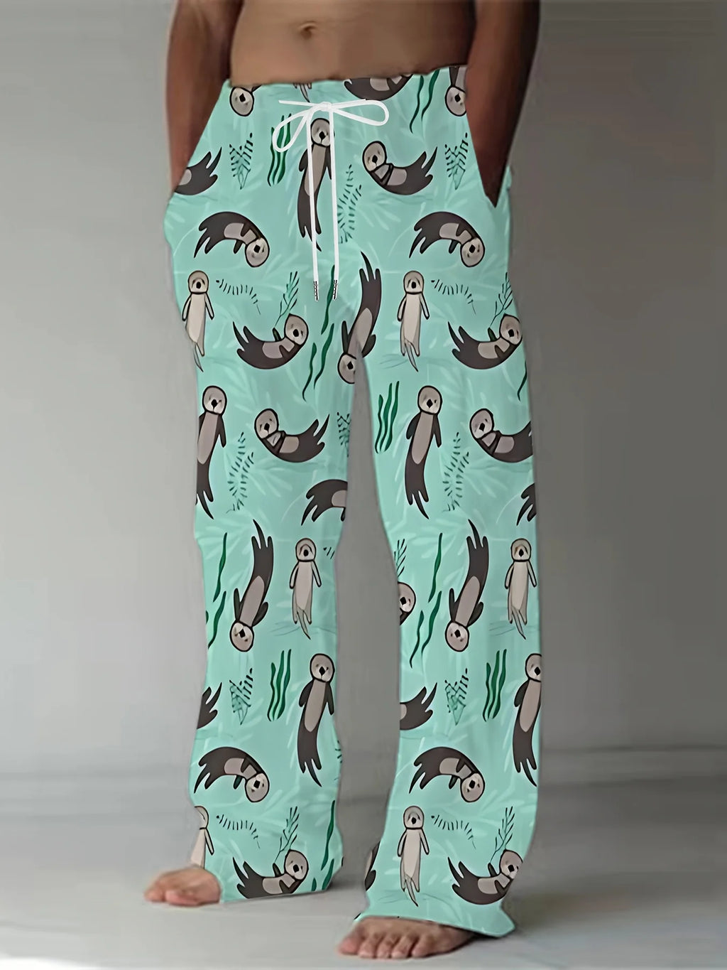 2026 Summer Men's Light Blue Cartoon Otter Print Pants Quick Dry Comfort Lounge/ pajama pants