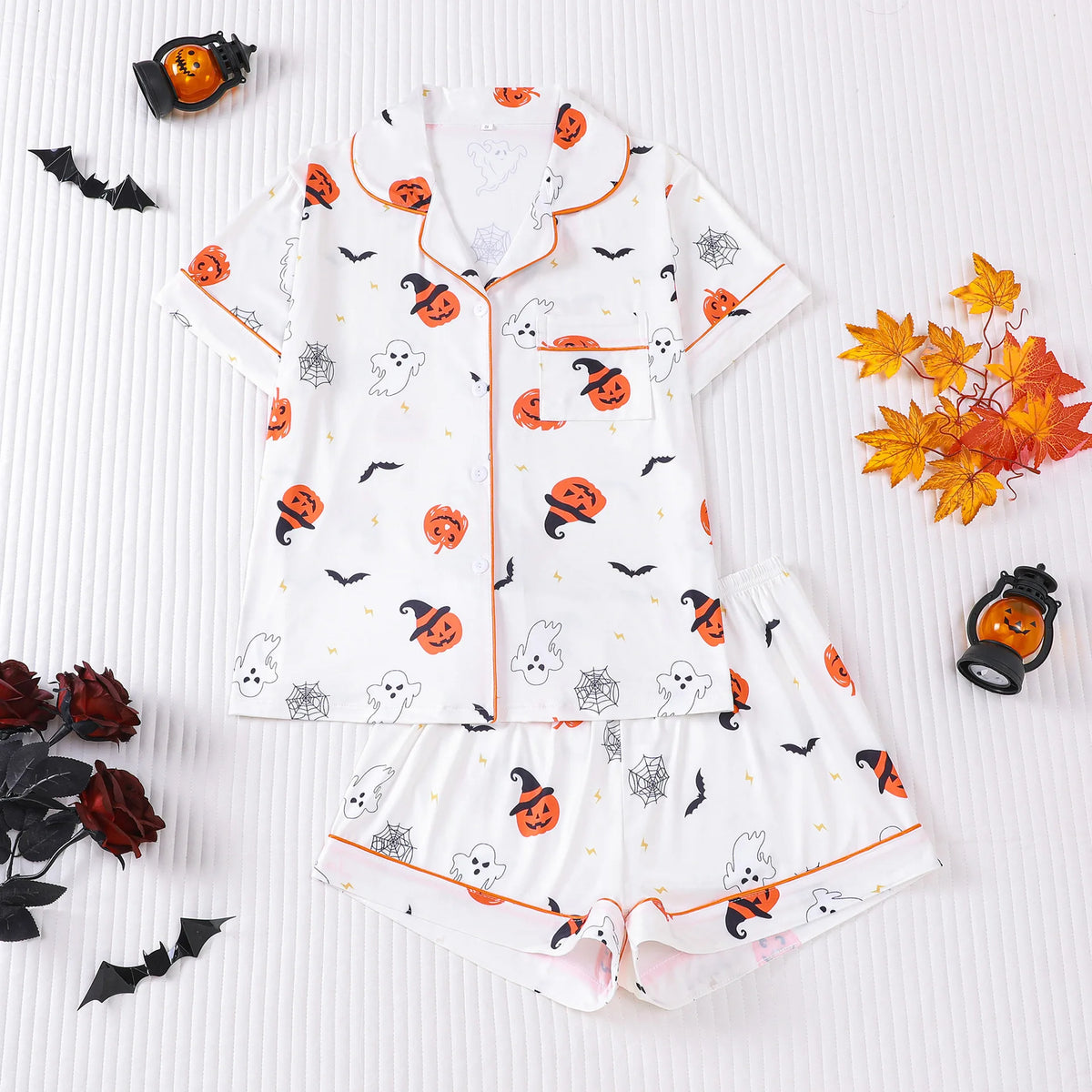 Halloween Ghost & Pumpkin Women's Pajama Set — Short Sleeve Top & Shorts