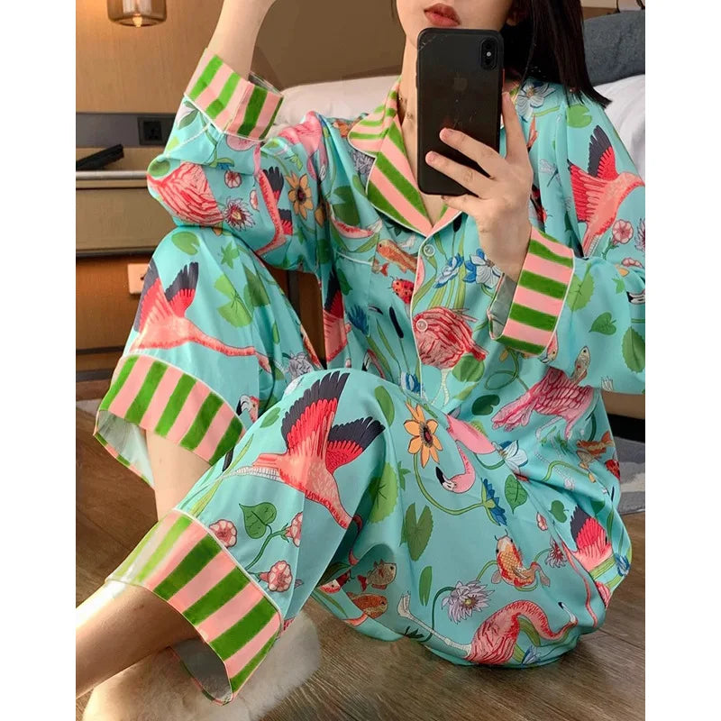 Silky Mermaid Print Long Pajama Set
